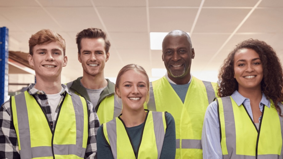 A diverse group of five smiling workers wearing high-visibility vests standing together in a warehouse, representing a health and safety committee focused on workplace safety and collaboration