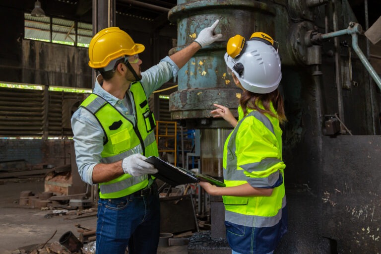 Two engineers conduct safety audits and inspections in a steel mill.