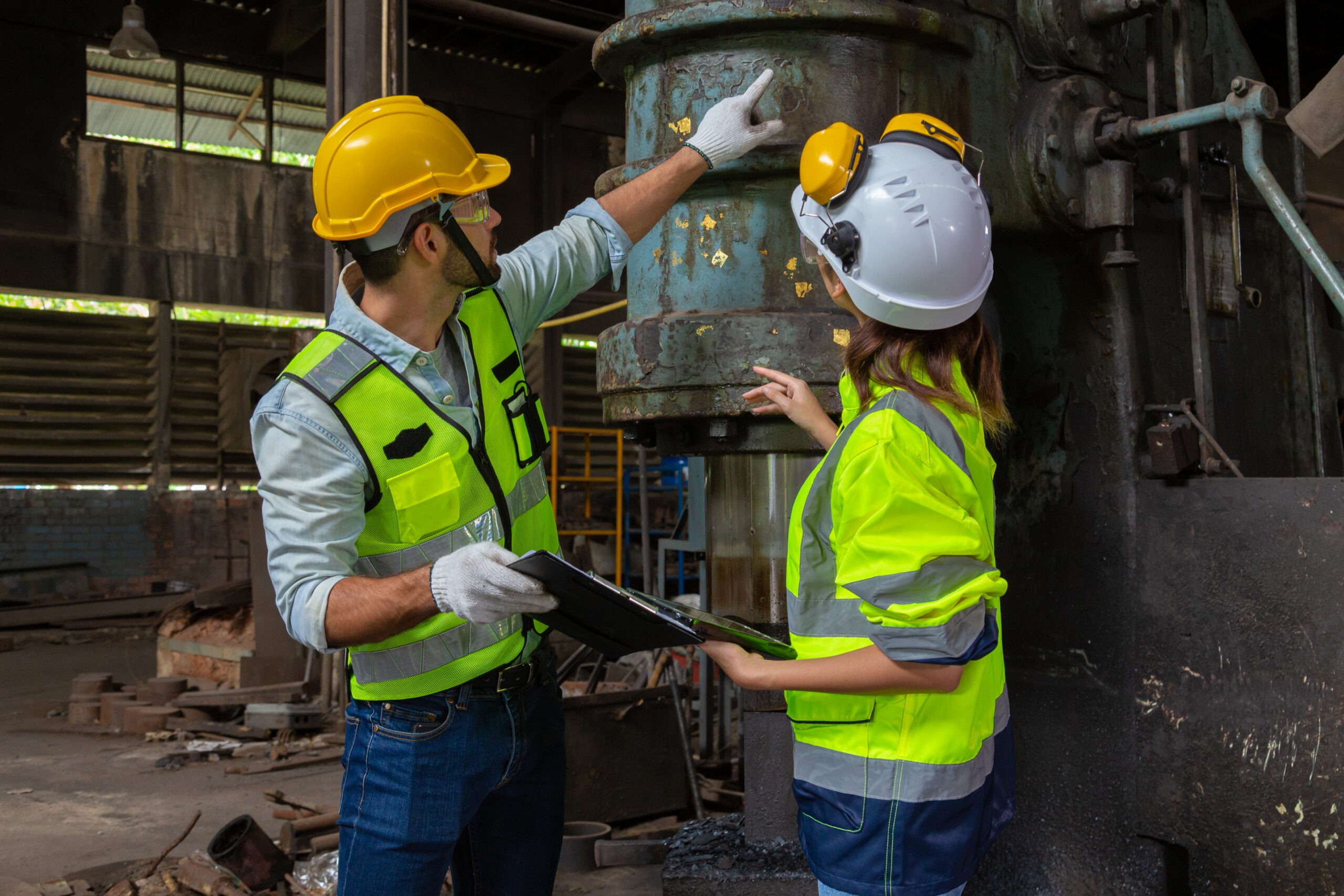 Two engineers conduct safety audits and inspections in a steel mill.