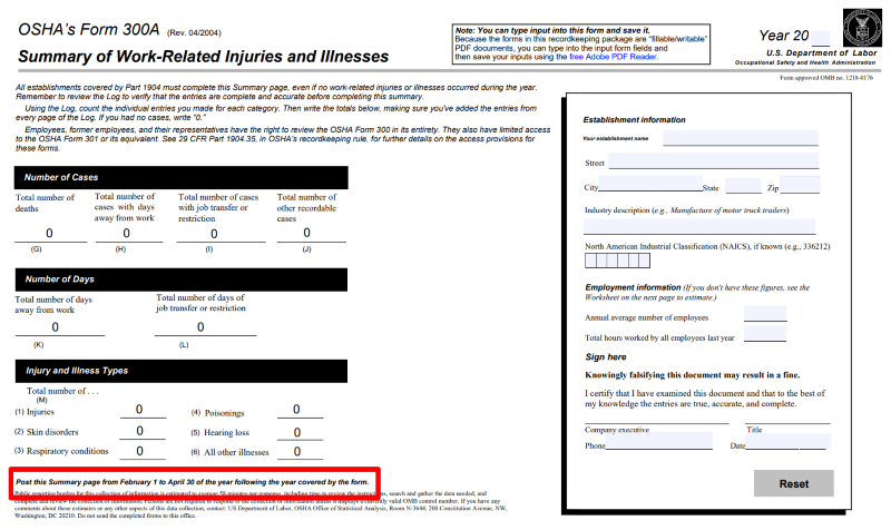 OSHA recordkeeping form 300A