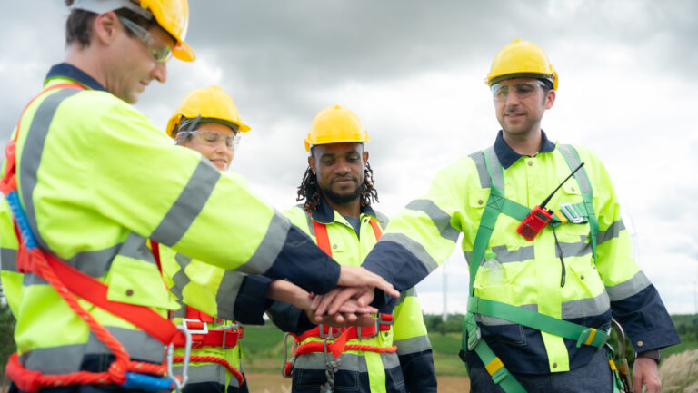 A diverse group of construction workers in high-visibility safety gear and hard hats join hands in a team huddle outdoors, demonstrating teamwork and proper PPE usage—ideal for showcasing best safety training videos.