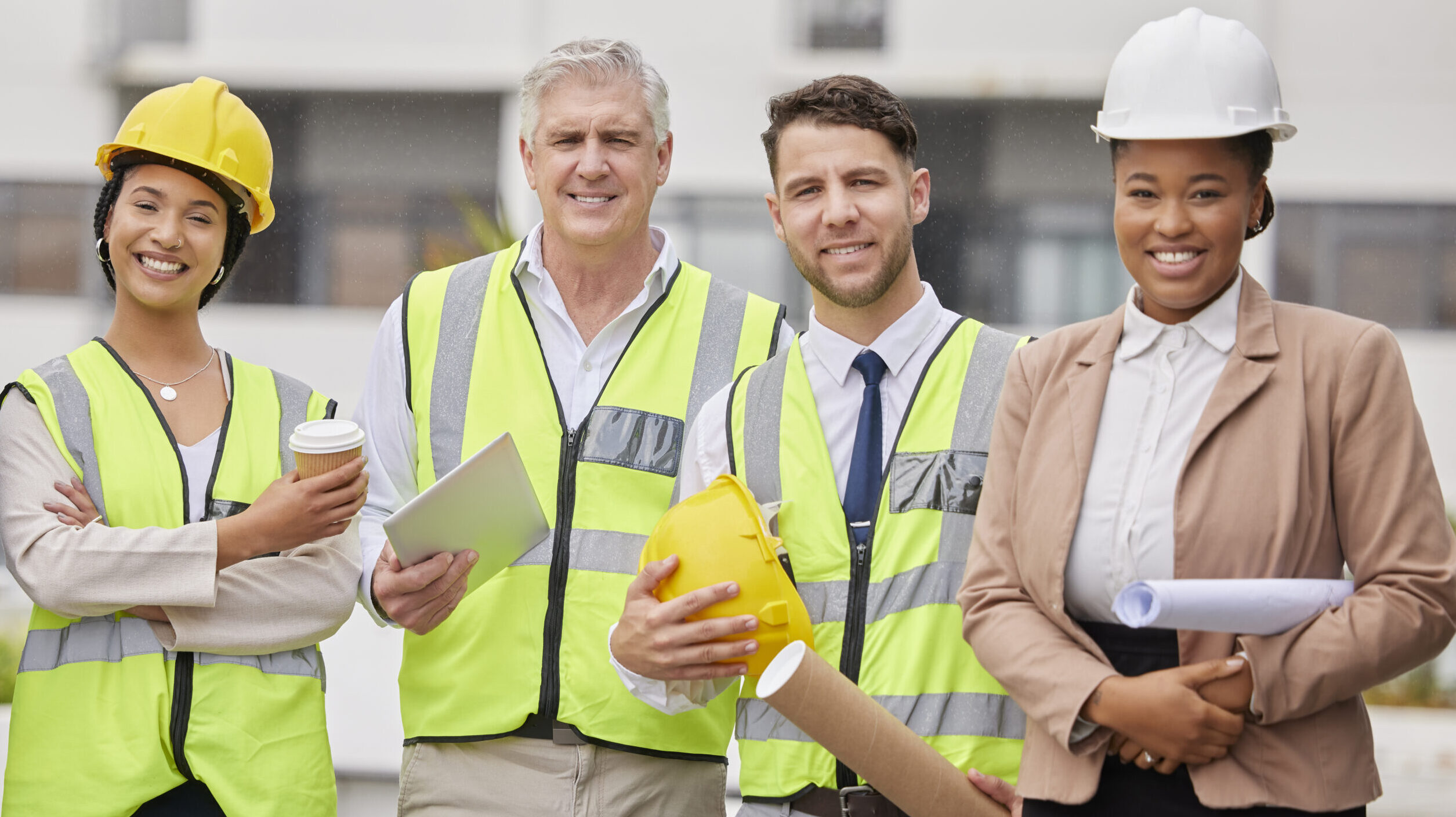 A diverse group of construction professionals standing outdoors, wearing safety vests and hard hats, holding documents and blueprints—representing a team auditing contractor safety on a worksite
