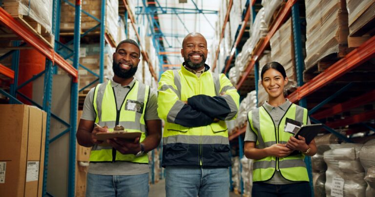 Workers smiling in the aisle and following warehouse safety tips