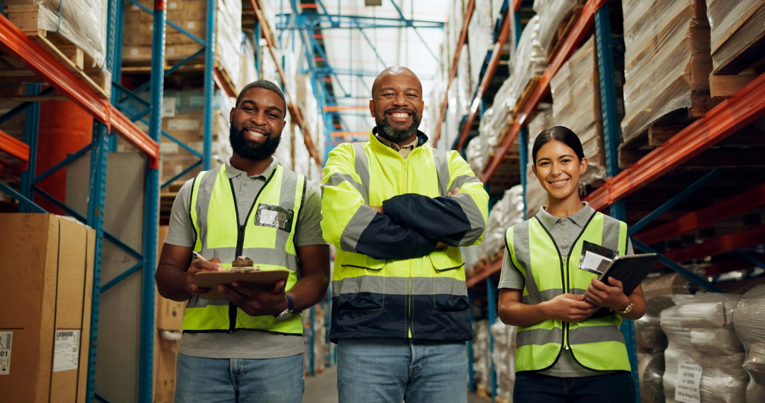 Workers smiling in the aisle and following warehouse safety tips