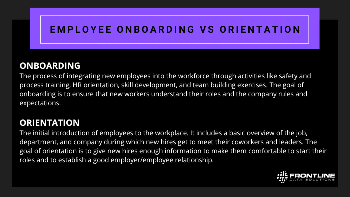 Infographic that says the definition of onboarding is The process of integrating new employees into the workforce through activities like safety and process training, HR orientation, skill development, and team building exercises. The goal of onboarding is to ensure that new workers understand their roles and the company rules and expectations. The image also says the definition of orientation is The initial introduction of employees to the workplace. It includes a basic overview of the job, department, and company during which new hires get to meet their coworkers and leaders. The goal of orientation is to give new hires enough information to make them comfortable to start their roles and to establish a good employer/employee relationship.