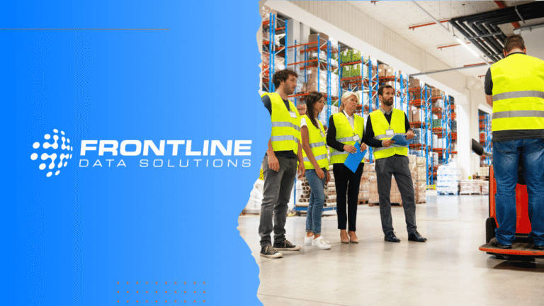 Frontline Data Solutions logo to the left of a photo of a team doing OSHA safety training.