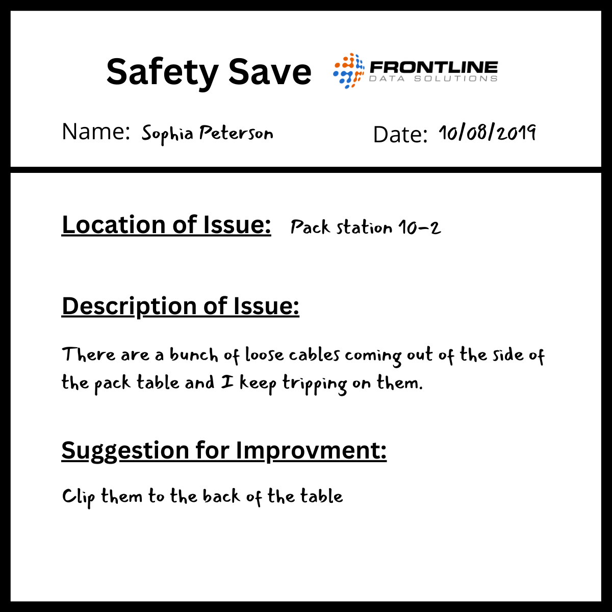The image shows the title Safety Save at the top. Underneath is are the name and data fields, which are filled out with the name Sophia Peterson and the date October 8 2019. Underneath this are the three main categories. The first is location of issue with a handwritten note that says pack station 10 dash 2. The second line item is description of issue which reads there are a bunch of loose cables coming out of the side of the pack table and I keep tripping on them. Under that section is the suggestion for improvement line item. It reads clip them to the back of the table.