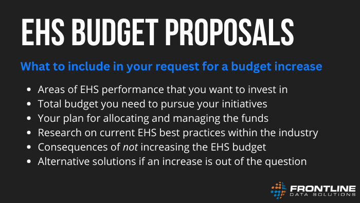 This infographic lists the thingss you want to include in an EHS budget proposal. It includes areas of EHS performance that you want to invest in,<br />
total budget you need to pursue your initiatives, your plan for allocating and managing the funds, research on current EHS best practices within the industry, consequences of not increasing the EHS budget, and alternative solutions if an increase is out of the question.