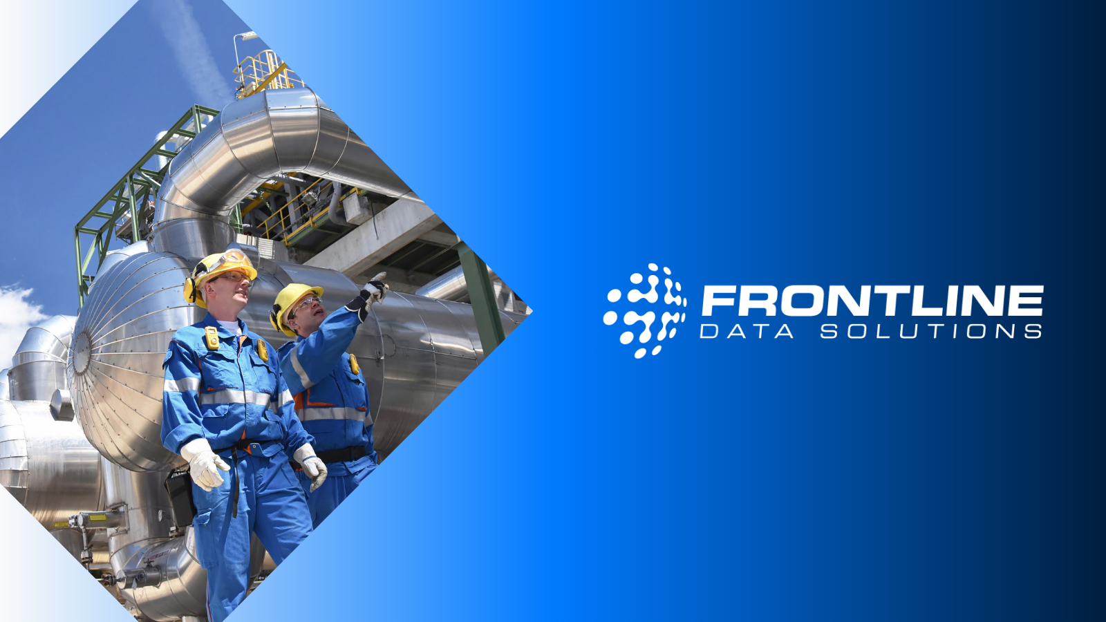 Two industrial workers walking near chemical processing equipment with the Frontline Data Solutions logo featured on the right.