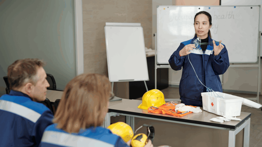 Female worker in blue high visibility outfit delivering safety training to a class