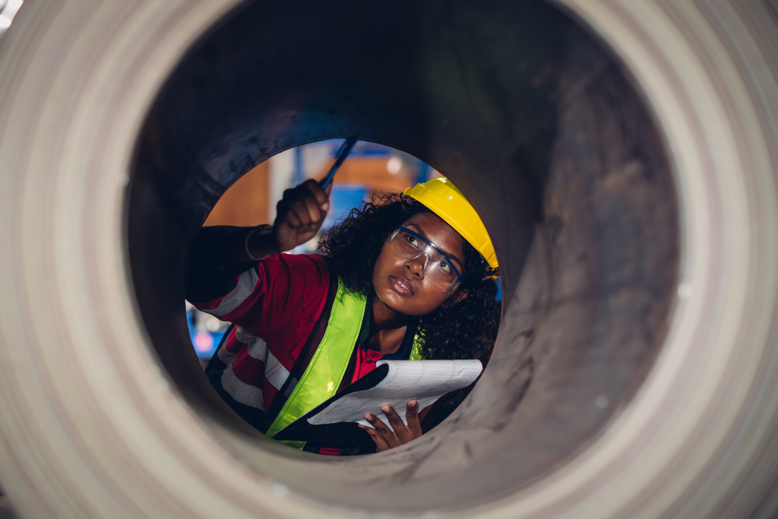 Industrial worker wearing a hard hat, safety vest, and goggles inspects the interior of a large pipe with a flashlight and checklist. The image highlights confined space safety tips, such as proper PPE, inspection protocols, and thorough documentation to ensure a safe working environment in enclosed areas.