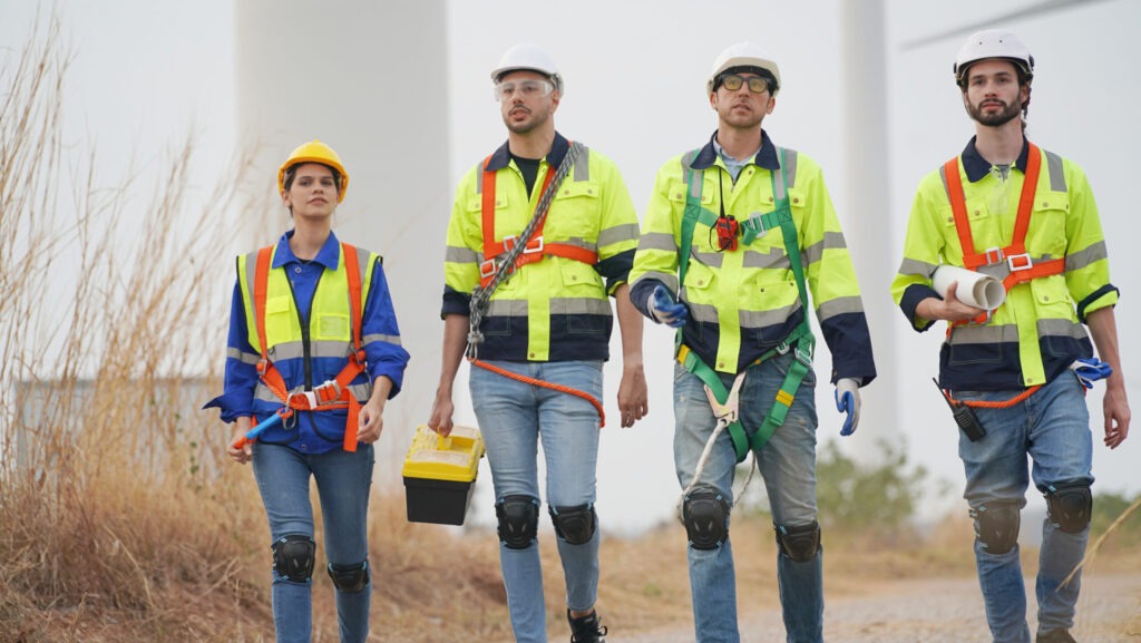 Four wind energy technicians wearing full PPE—including hard hats, harnesses, reflective vests, gloves, and knee pads—walk down a dirt path at a renewable energy site. The image reinforces the message 'complacency kills' by showcasing a disciplined team committed to safety protocols in a high-risk work environment.