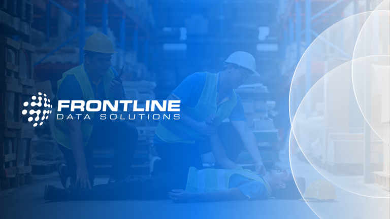 Graphic showing the Frontline Data Solutions software provider logo over two safety managers tending to an OSHA recordable incident.