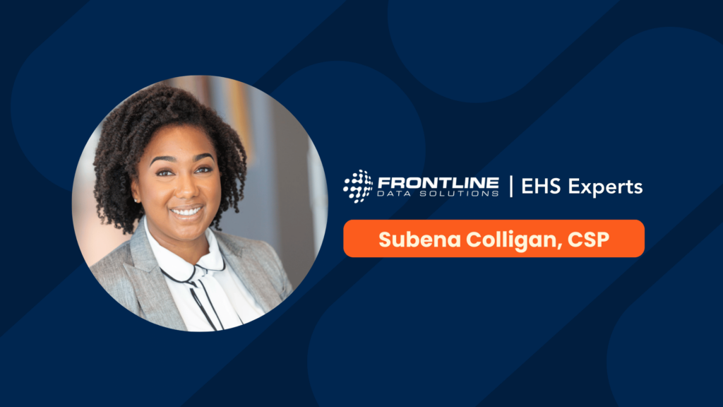 Subena Colligan smiling and wearing a gray suit jacket with a white dress shirt. Branded with the Frontline Data Solutions logo and the title EHS Experts.