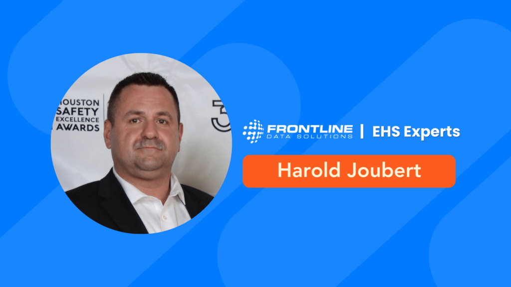 Harold Joubert wearing a black suit jacket and white button down shirt at the Houston Safety Excellence Awards. Branded with Frontline Data Solutions logo and the title EHS Experts.