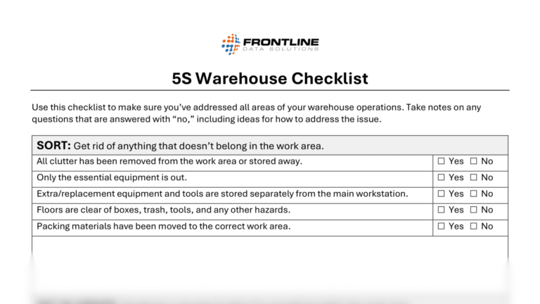 5S Warehouse Checklist from Frontline Data Solutions. The checklist focuses on the 'Sort' phase of the 5S methodology, with questions about removing clutter, limiting equipment to essentials, separating extra tools, clearing floor hazards, and relocating packing materials. Each item includes Yes and No checkboxes.