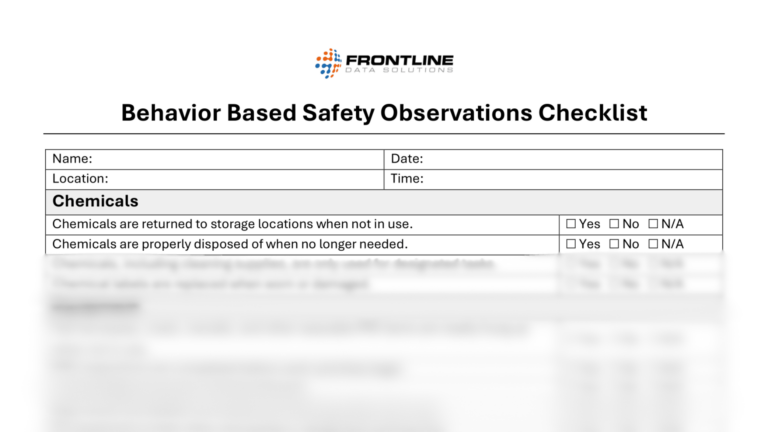 Behavior Based Safety Observations Checklist from Frontline Data Solutions. The section shown focuses on chemical safety, with checklist items for returning chemicals to storage when not in use and proper disposal of unneeded chemicals. Each item includes Yes, No, and N/A checkboxes.