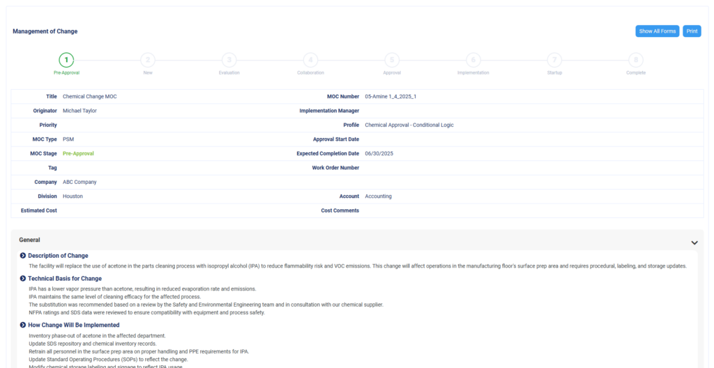 Screenshot of the Frontline MOC software interface showing a chemical change request that a client like NCTI might have in the 'Pre-Approval' stage. The MOC is titled 'Chemical Change MOC' and involves replacing acetone with isopropyl alcohol (IPA) to reduce flammability and emissions. The form includes fields such as originator, implementation manager, MOC type, company, division, and expected completion date. Detailed sections outline the description of the change, technical basis, and implementation steps for updating safety protocols and inventory.
