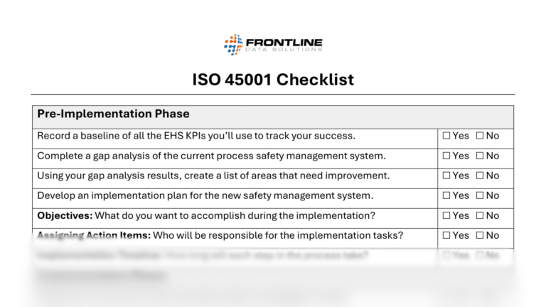 ISO 45001 checklist highlighting the pre-implementation phase of a safety management system. Tasks include baseline tracking of EHS KPIs, gap analysis, planning improvements, and assigning action items, with Yes/No checkboxes.