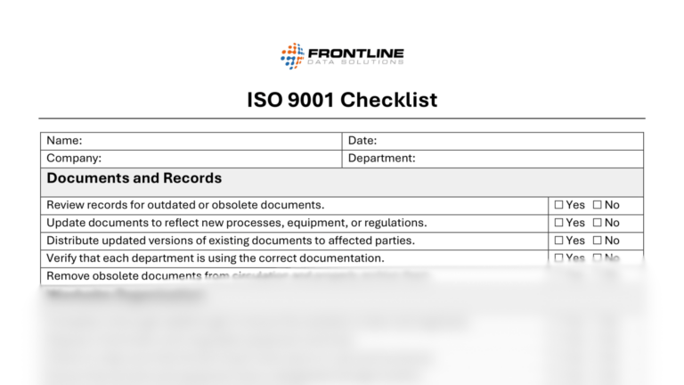 ISO 9001 checklist from Frontline Data Solutions, focusing on document and record control. Items include reviewing outdated documents, updating for new regulations, distributing changes, and ensuring correct document use. Yes/No checkboxes provided.