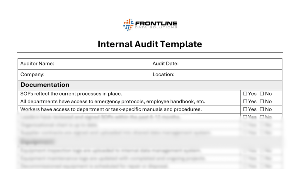 Internal audit checklist for EHS from Frontline Data Solutions. The template includes fields for auditor name, audit date, company, and location. Under the 'Documentation' section, it lists items to verify such as whether SOPs reflect current processes, all departments have access to emergency protocols and handbooks, and workers have access to task-specific manuals. Each item includes Yes and No checkboxes. The rest of the template is blurred out.