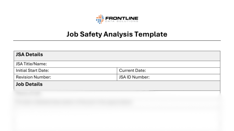 Job Safety Analysis (JSA) Template from Frontline Data Solutions. The form includes fields for JSA title, start and current date, revision number, and JSA ID number. It is used to document job-specific safety hazards and procedures.