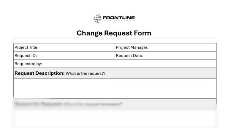 Management of change request form from Frontline Data Solutions. Includes fields for project title, manager, request ID/date, requester, and a section to describe the change request.