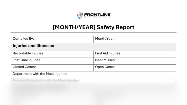 Monthly safety report template with fields for the compiler, month/year, and injury metrics including recordables, first aid cases, lost time injuries, near misses, open and closed cases, and department with most injuries.