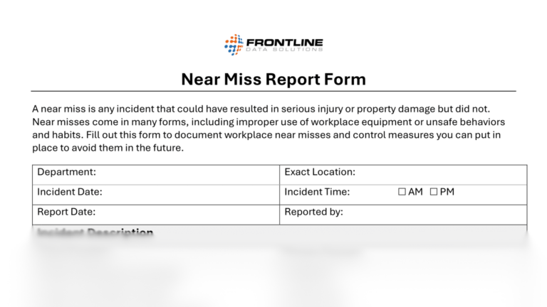 Near miss report form defining near misses and guiding documentation. Includes fields for department, date/time, location, reporter, and a description section for incident details.