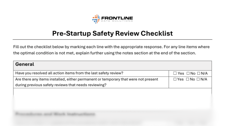 PSSR checklist titled 'Pre-Startup Safety Review Checklist' from Frontline Data Solutions. The checklist includes two first questions: whether all action items from the last safety review have been resolved, and if there are any new items installed that need review. Each question has Yes, No, and N/A checkboxes for responses. The rest of the checklist is blurred out.