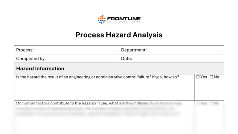 Process hazard analysis form from Frontline Data Solutions with fields for process name, department, date, and hazard-related questions. Includes yes/no checkboxes for control failure and human factor contributions.