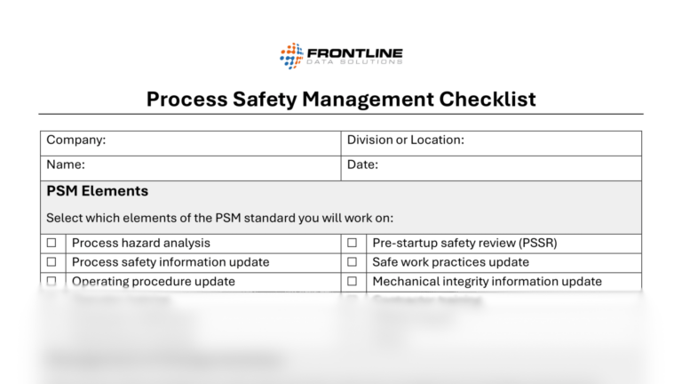 Process Safety Management (PSM) checklist with fields for company, location, and name. Users select which PSM elements they will work on, such as process hazard analysis, pre-startup safety review, or operating procedures.