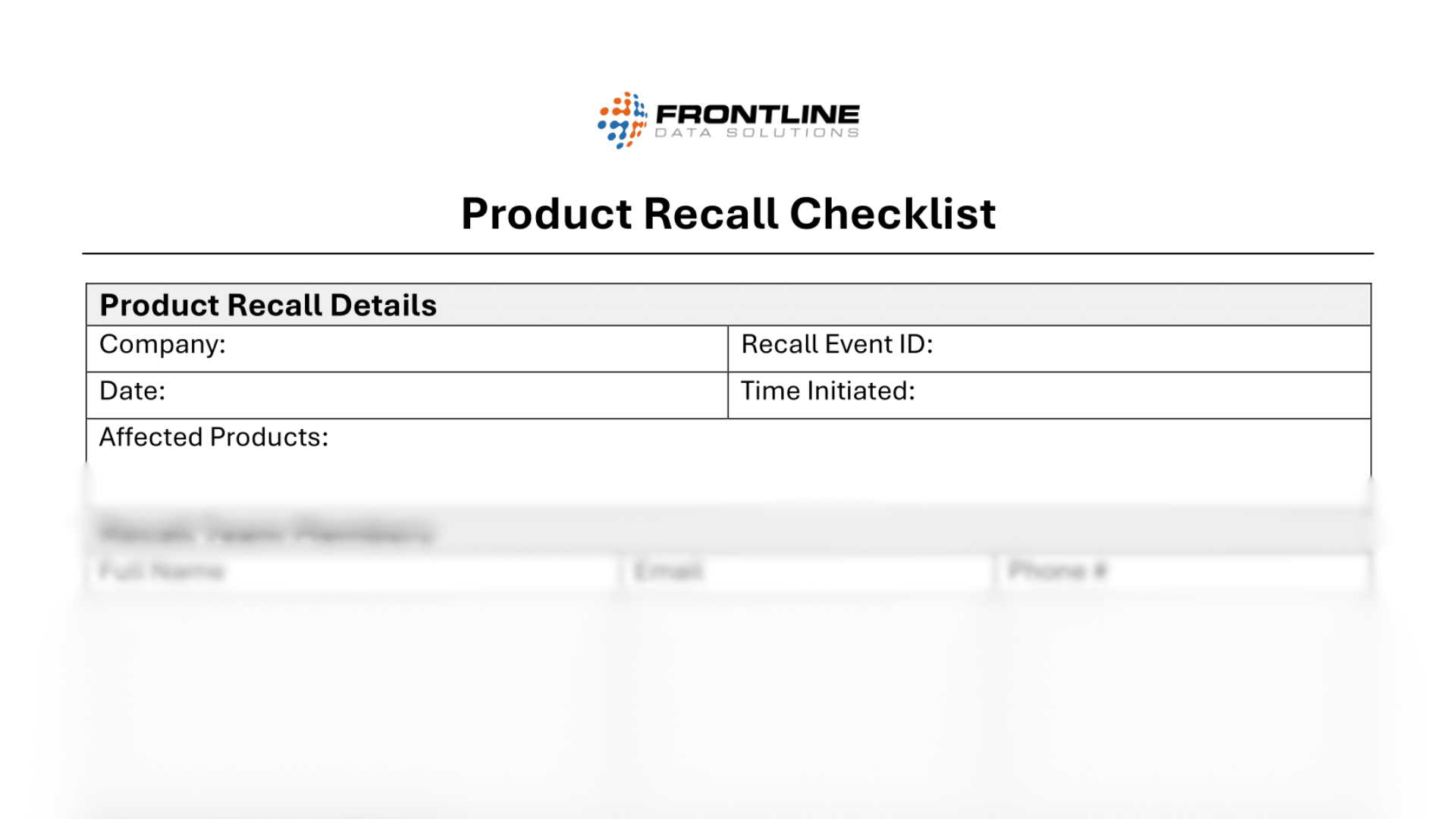 Product recall checklist from Frontline Data Solutions detailing fields for company name, recall event ID, date, time initiated, and affected products