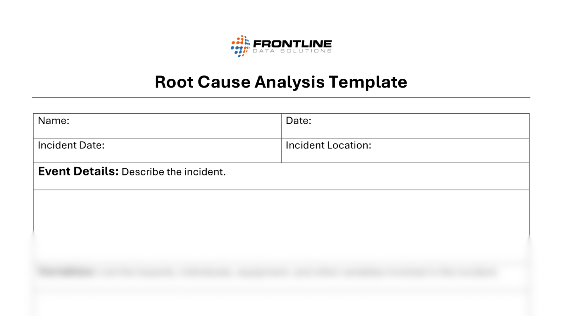 Root cause analysis template with fields for name, date, incident date, and location. Includes a section labeled 'Event Details' for describing the incident involved in the analysis.