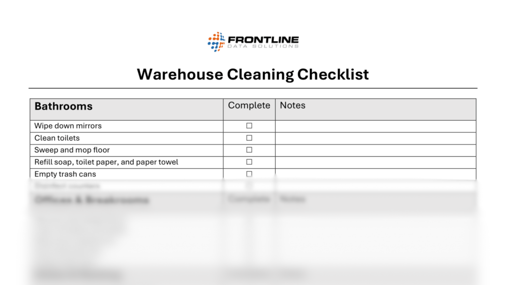 Warehouse cleaning checklist from Frontline Data Solutions with task columns for bathrooms, including items like wiping mirrors, cleaning toilets, and refilling supplies.