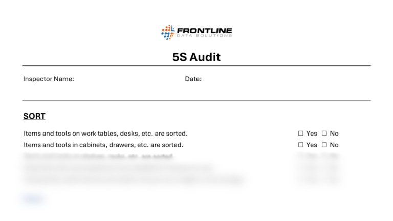 5S audit form from Frontline Data Solutions showing a checklist for workplace organization under the "Sort" category, with options for Yes or No next to each item.