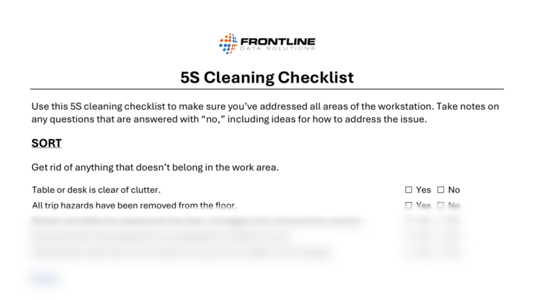 5S cleaning checklist from Frontline Data Solutions that includes a section on sorting workspace items and removing trip hazards, with Yes/No checkboxes beside each question.