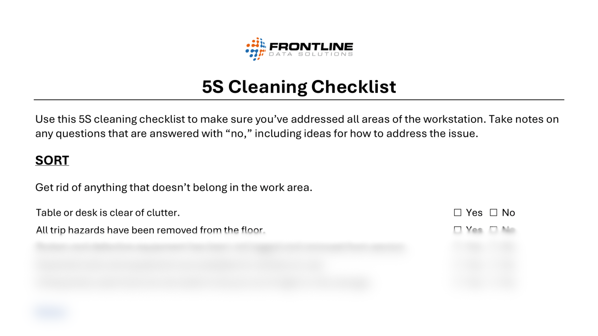 5S cleaning checklist from Frontline Data Solutions that includes a section on sorting workspace items and removing trip hazards, with Yes/No checkboxes beside each question.