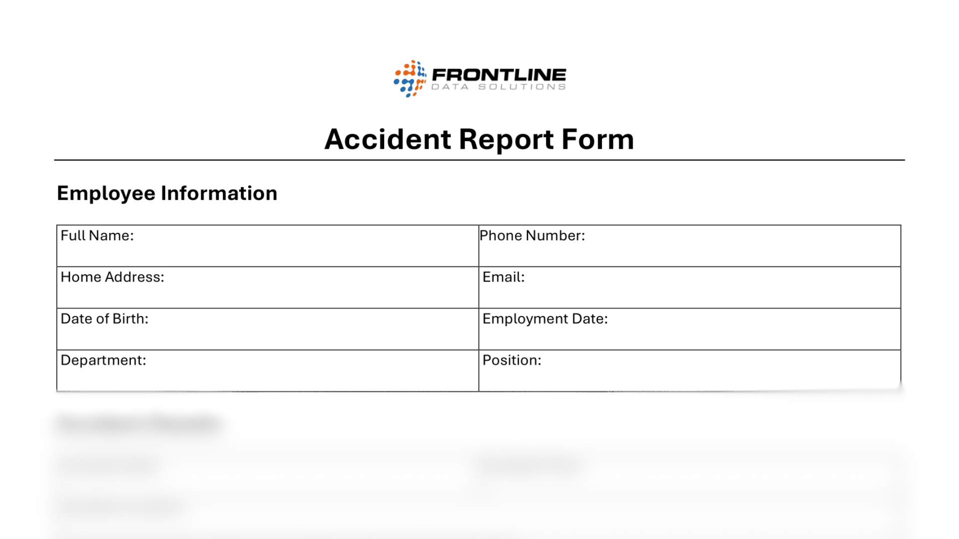 Accident report form from Frontline Data Solutions capturing employee information including name, contact details, department, and employment date, used for documenting workplace incidents.