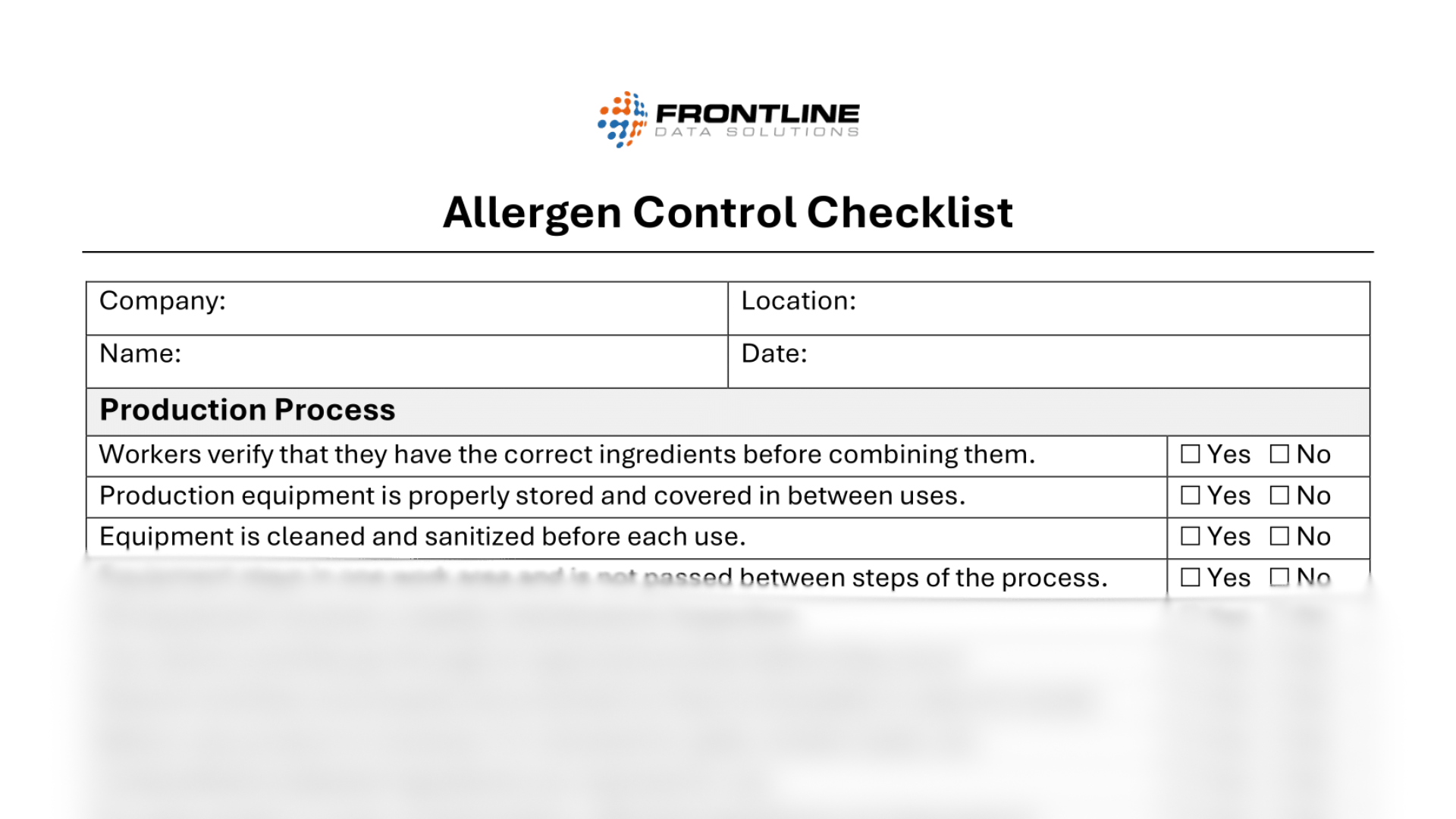 Allergen control checklist form from Frontline Data Solutions showing production process controls like ingredient verification and sanitation, with Yes/No options for each item.