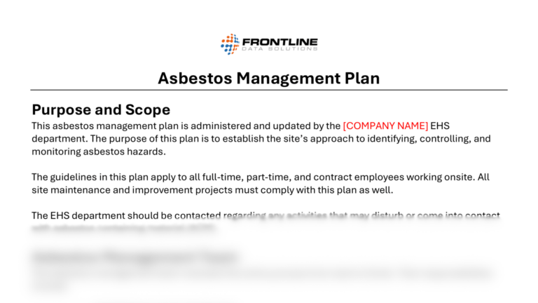 Asbestos management plan template from Frontline Data Solutions outlining purpose, scope, and responsibilities for managing asbestos hazards within a company.