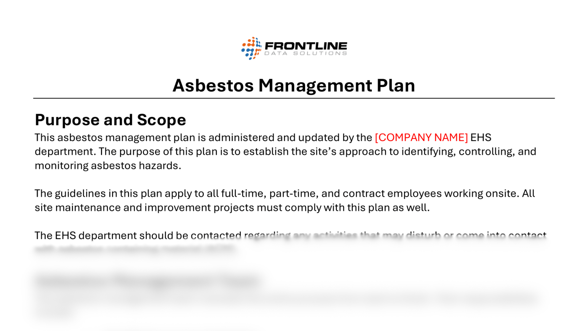 Asbestos management plan template from Frontline Data Solutions outlining purpose, scope, and responsibilities for managing asbestos hazards within a company.