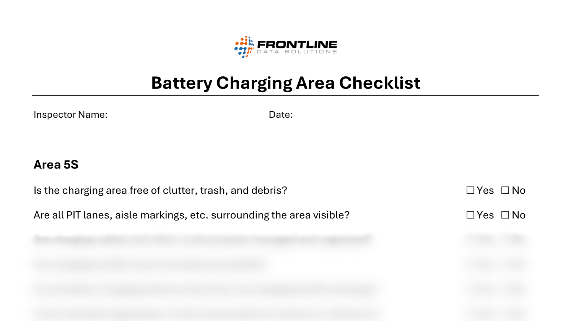 Battery charging area checklist from Frontline Data Solutions with inspection questions focused on 5S practices, including cleanliness and visibility of PIT lanes and aisle markings, with Yes/No checkboxes.
