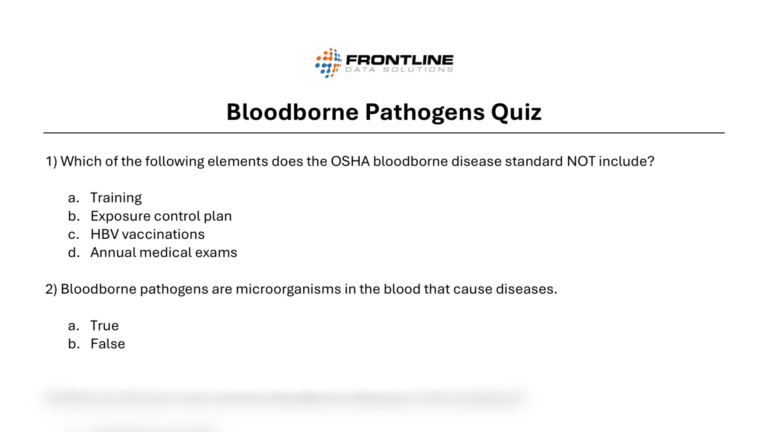Bloodborne pathogens quiz template from Frontline Data Solutions with multiple-choice questions related to OSHA standards and the definition of bloodborne pathogens.