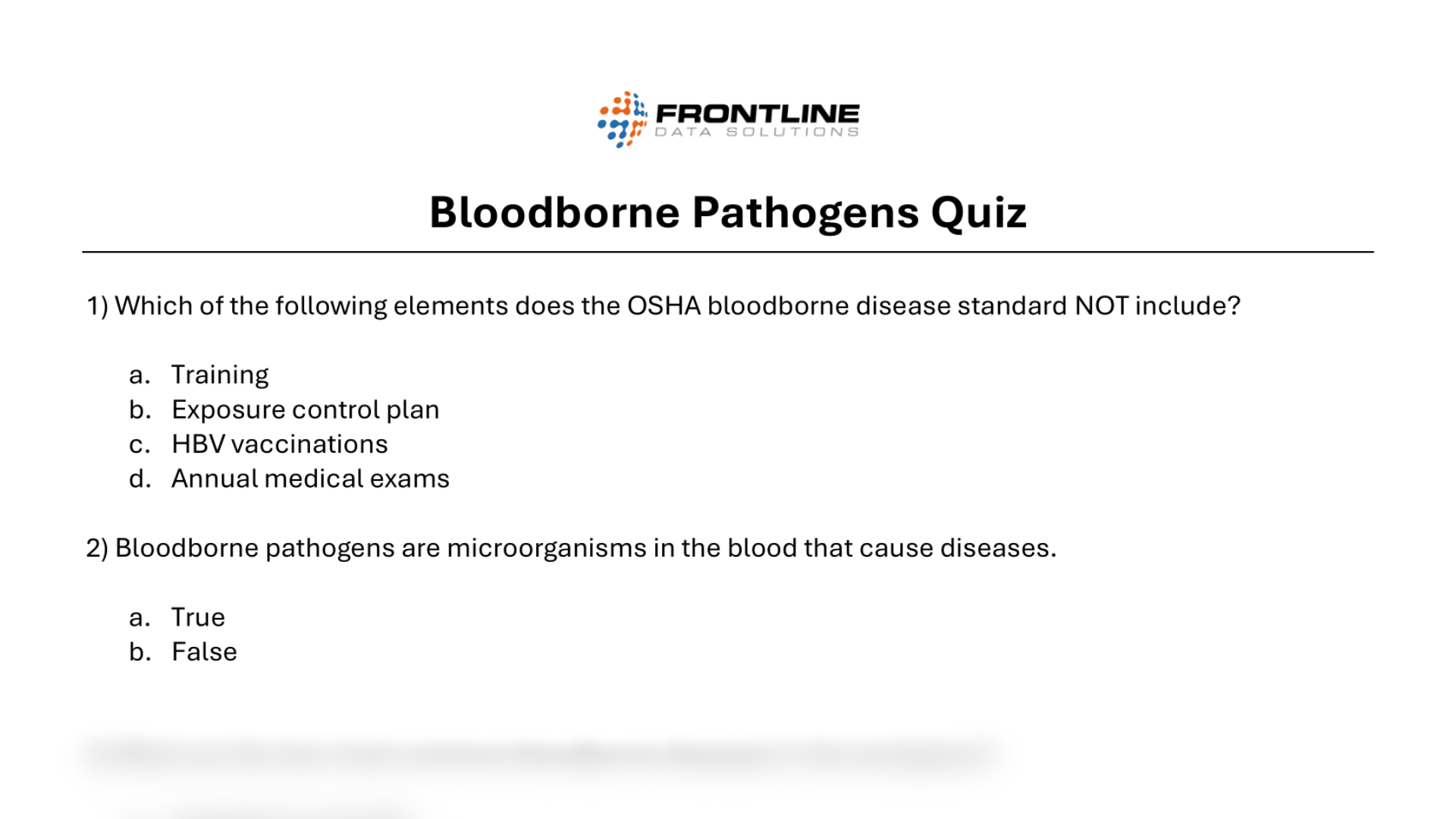 Bloodborne pathogens quiz template from Frontline Data Solutions with multiple-choice questions related to OSHA standards and the definition of bloodborne pathogens.