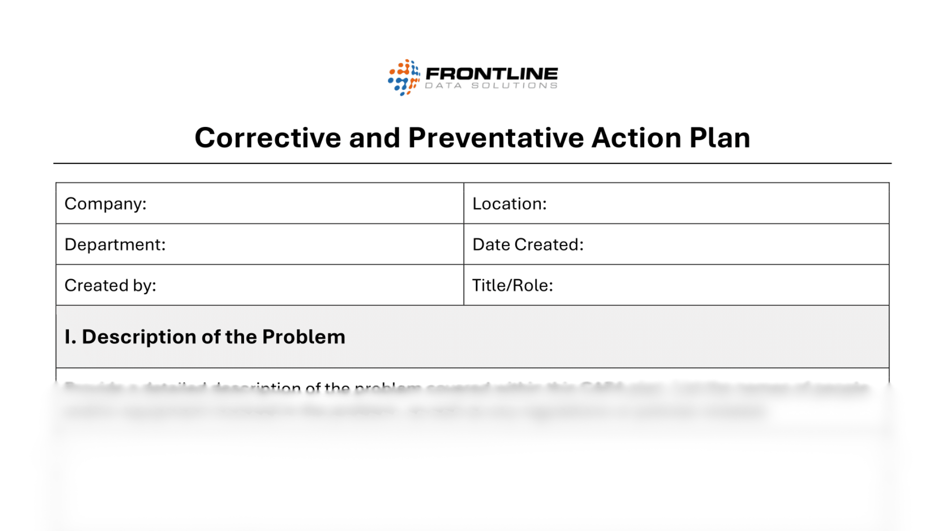Corrective and preventative action (CAPA) plan template from Frontline Data Solutions including sections for company details and a detailed problem description.