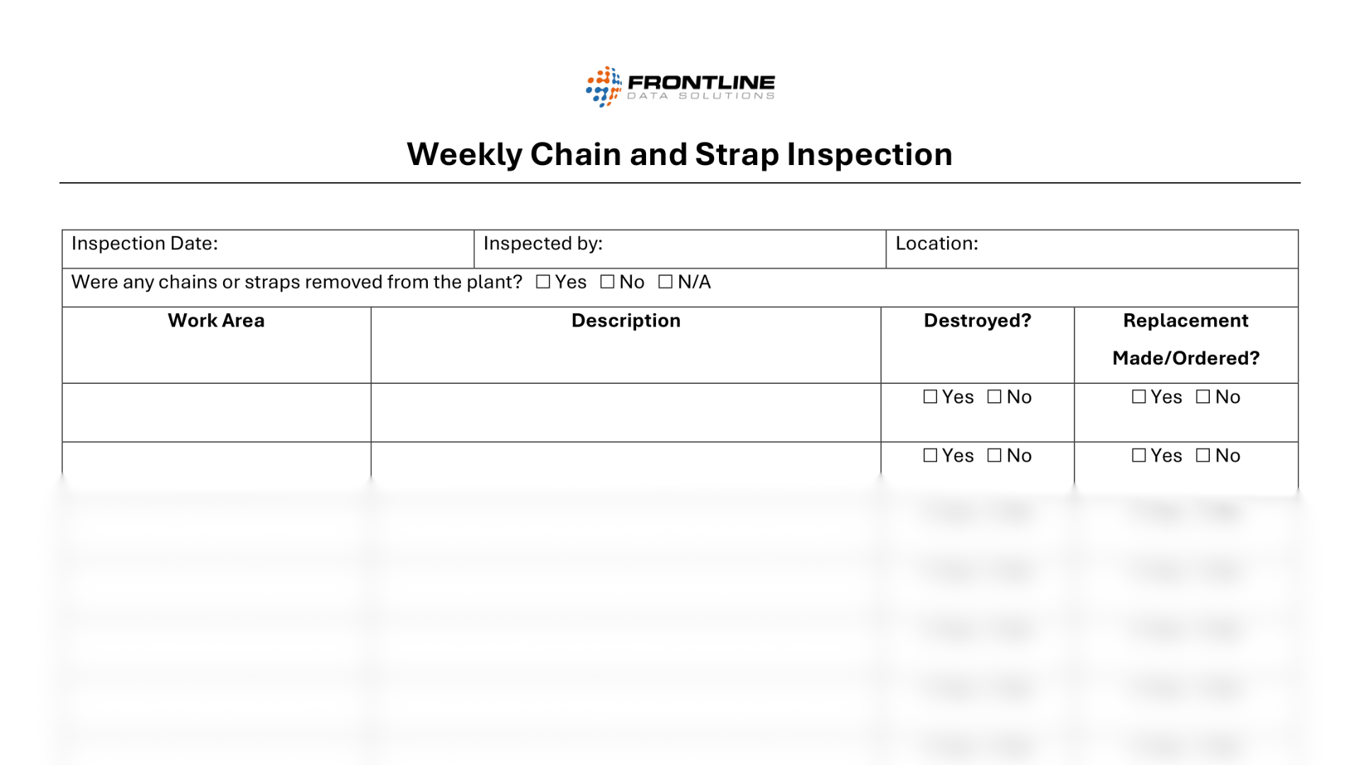 Weekly chain and strap inspection form from Frontline Data Solutions with fields for inspection date, inspector, location, and a table to record work area, equipment description, destruction status, and whether replacements were made or ordered.