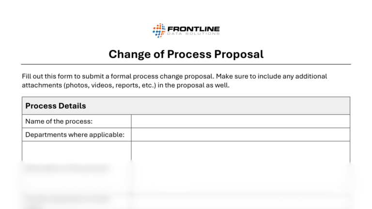 Change of process proposal template from Frontline Data Solutions with fields for process name, departments involved, and space for attachments like photos or reports.