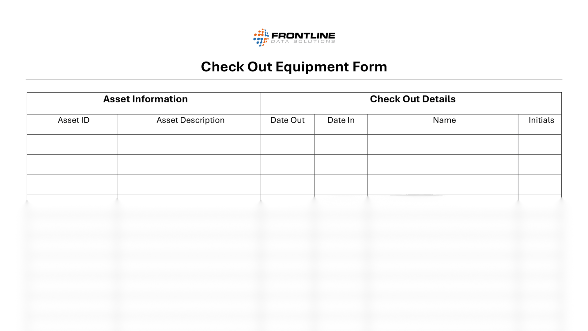 Check out equipment form from Frontline Data Solutions with sections for asset ID, description, check-out and return dates, and employee initials.