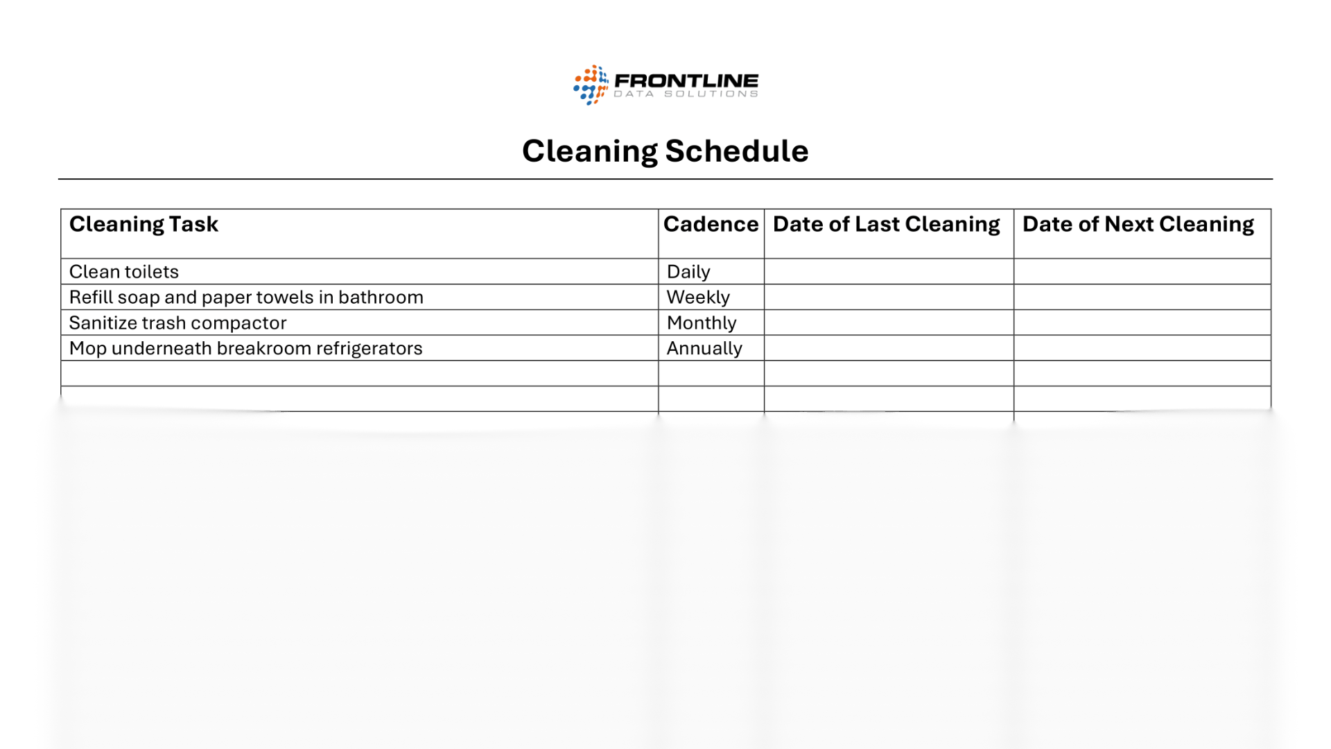Cleaning schedule template from Frontline Data Solutions listing routine cleaning tasks, their frequency, and the last and next cleaning dates.